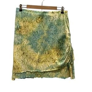 Vintage Sno Skins Womens Y2K Fairy Ruched Mini Skirt L Green Lettuce Trim Grunge